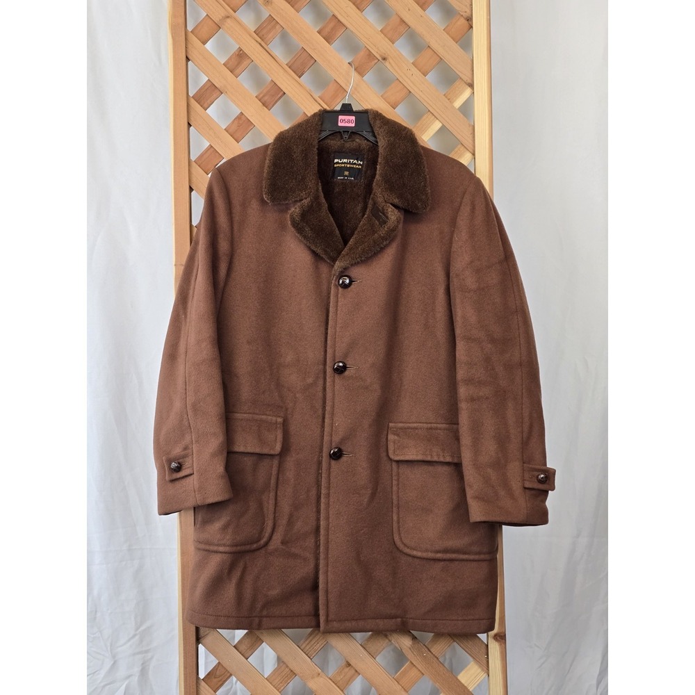 Vtg Made In USA Puritan Sportswear Mens Overcoat Faux Fur Brown Sz 40 Heavy